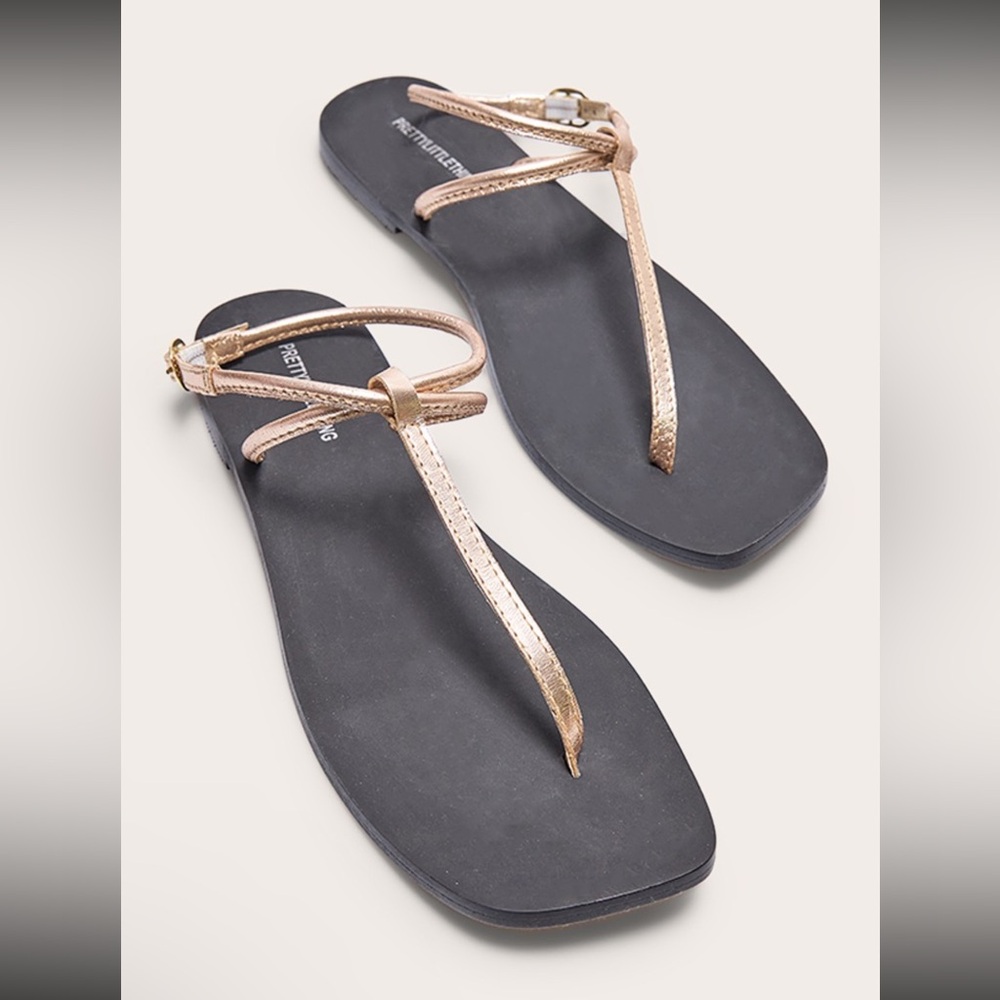 PrettyLittleThing Real Leather Black and Gold Strappy Sandals
